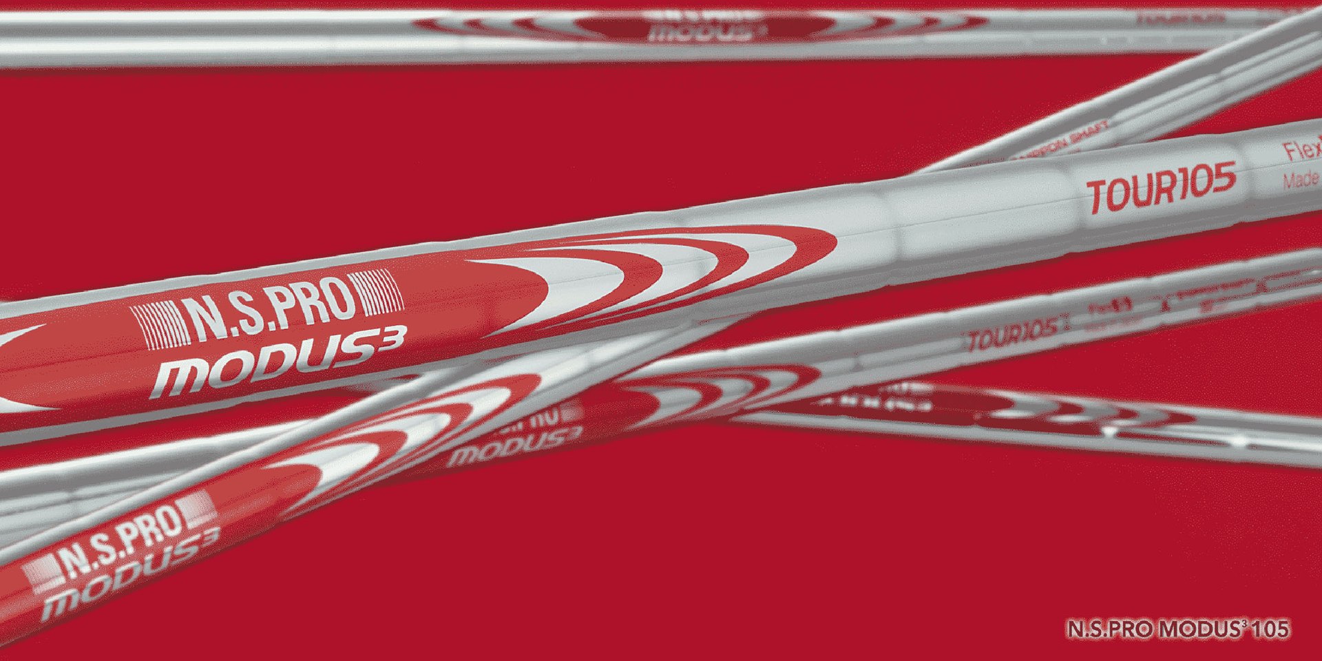 Official Nippon Shaft product graphic of crossed N.S. Pro Modus3 Tour 105 shafts with their red and silver label bands on a red background.
